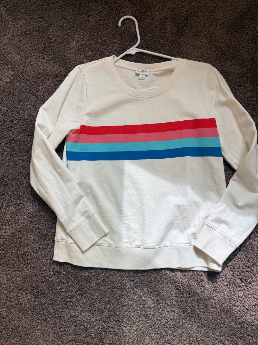 J. Crew Cream Crewneck Sweatshirt with Red, Pink, Teal, and Blue Stripes